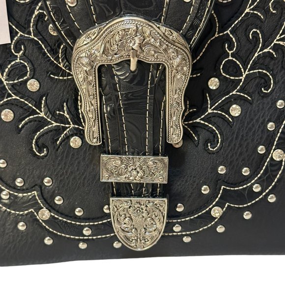 (8-209) Brand New w/Tag Black Leather-Like Western Shoulder Handbag - Picture 5 of 10